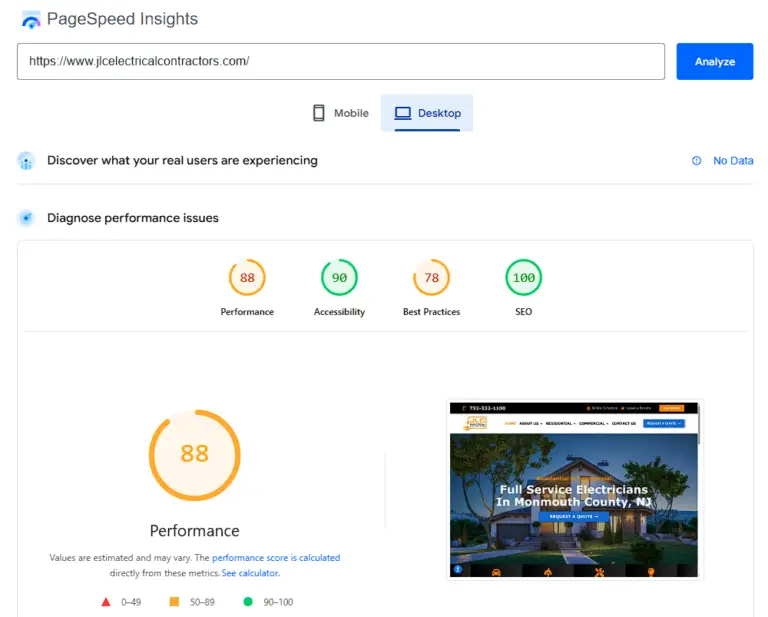 Google pagespeed insights home services website